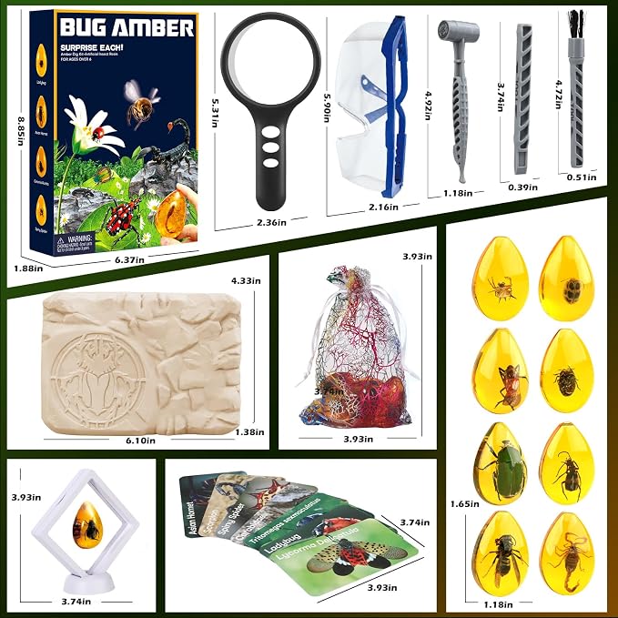 Woumserta Amber Dig Kits, Bugs Toys for Kids 5-7, 8 Insects Specimens Gifts | Fossil Dig Toys Bugs Science Kits for Bug Collection, Insect Toys for Boys Girls 5-7 8-12 Year Old Birthday Gifts