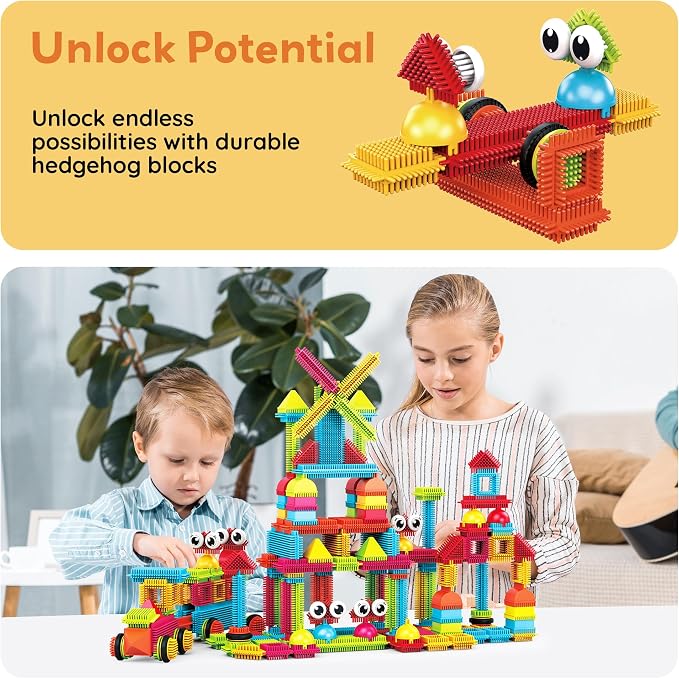 PicassoTiles 116 Piece Hedgehog Building Blocks, STEM Toy Set Kids Ages 3+ | soft interlocking bristle tactile construction, 4 action figure characters, decorative eyes, early educational creative play