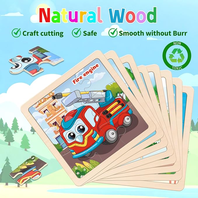 Wooden Vehicle Puzzles for Toddlers, 8 Pack 9 PCS Jigsaw Puzzles for Kids | Wooden Puzzles for Toddlers 3-5, Vehicle Puzzles for Kids 3-5, Preschool Puzzles Learning Educational Sets Toys