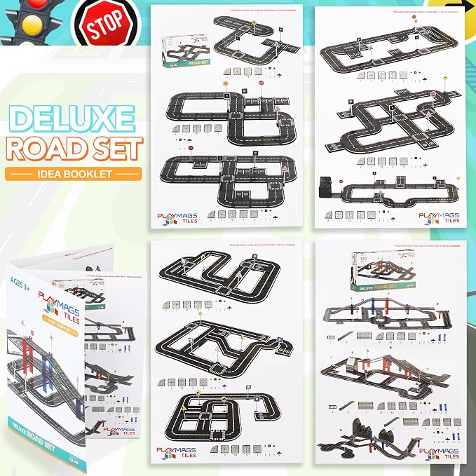 Playmags Magnetic Tiles Road Set - 50 Pcs STEM Educational Construction Toy Car Track, Building Blocks Magnet Toys for Toddlers, Safe for Ages 3+