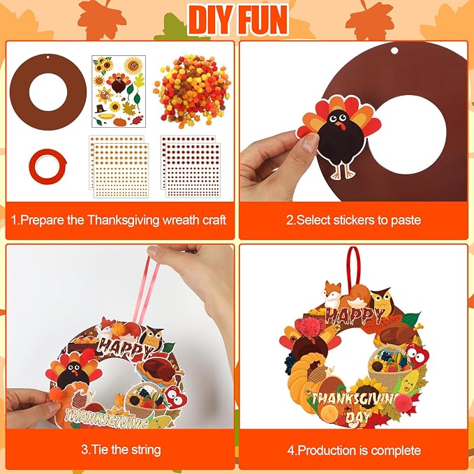 Hollowfly 48 Sets Thanksgiving Paper Wreath Craft Kits | Give Thanks and Grateful Designs, DIY Hanging Ornaments for Fall Home Decor, Party Favors and Classroom Activities
