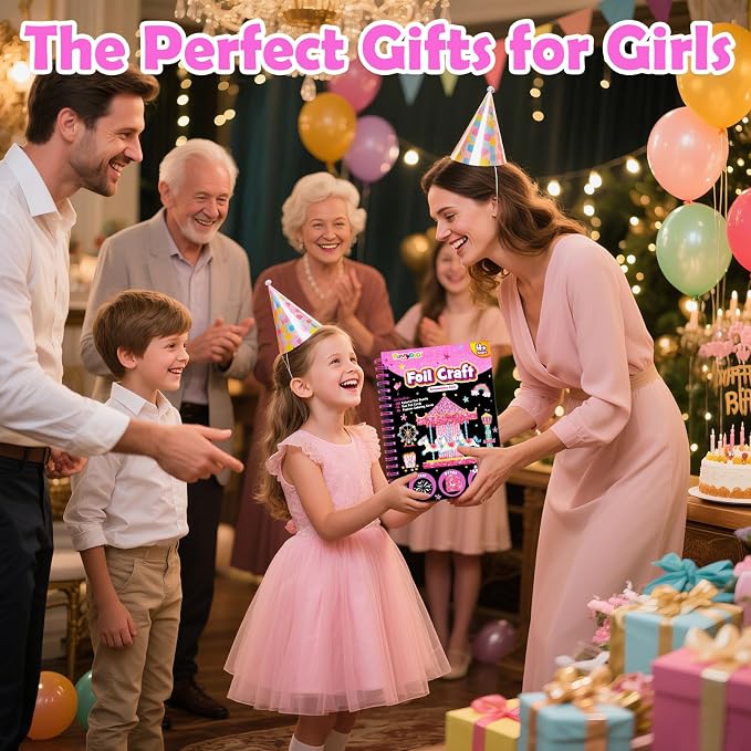 FUNNYB&G Foil Art Craft Kit for Kids, Sparkly Birthday Gift Toy for Girls | No Mess, Kids Ages 4-10 Create Sparkling Artwork, A Creative Gift for Birthdays, Holidays, Travel Activities,Screen-Free Fun