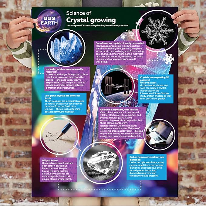 BBC Earth Science of Crystal Growing, Grow 3 Dazzling Crystals, Includes Display Case, Powdered Paints, Learning Guide, Crystal Growing Kit, STEM Toys, Kids Science Kit, STEM Kits for Kids Age 12-14
