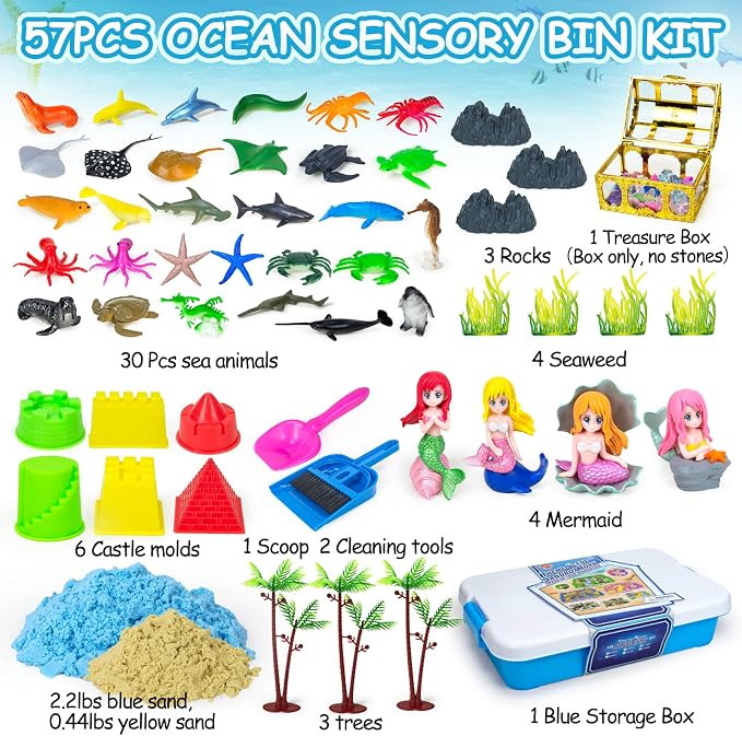 57Pcs Ocean Sensory Bin, Mermaid Sensory Sand Toys for Kids Ages 4-8 Years | Ocean Sand Art Kit Sea Animals Molds Sandbox with Cover, Kids Play Sand Toys Playsand Birthday Gift for Boys Girls 3-5 6 7 8