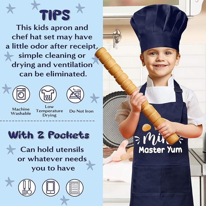 Kid Apron and Chef Hat Set - 2Pcs Dark Blue Mini Master Adjustable Children Kitchen Toddler Apron with Pockets for Kids, Funny Dress up Pretend Play Toy Birthday Gift for Cooking Baking Painting