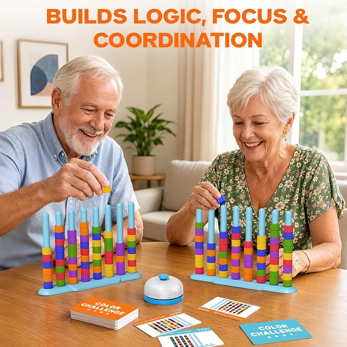 Color Challenge Game – 2 Pack Color Matching Game for Family Game Night and Parties, Board Games for Kids 6-8-12 & Adults, Stacking Game with 2 Stack Racks, 100 Cards, 120 Rings, Bell, Storage Bag‌