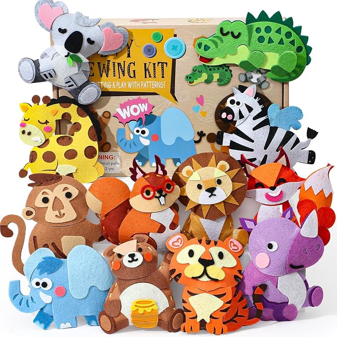 Wild Animal Sewing Kit for Kids Beginners, 12-in-1 Sew Your Own Felt Animals Craft Kit for Kids Girls Boys 6-8, 8-12, Fun and Educational Girls Birthday Gift Ideas