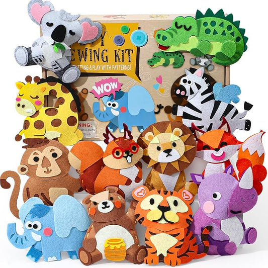 Wild Animal Sewing Kit for Kids Beginners, 12-in-1 Sew Your Own Felt Animals Craft Kit for Kids Girls Boys 6-8, 8-12, Fun and Educational Girls Birthday Gift Ideas