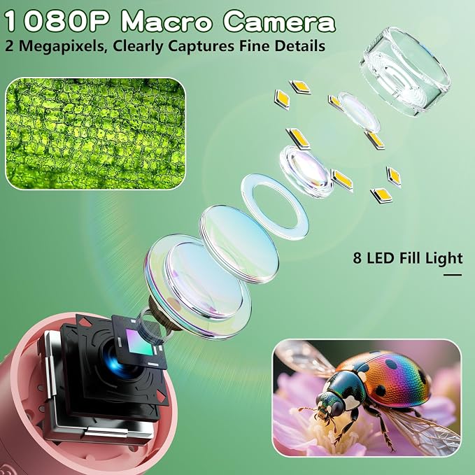 Odatay 1000X Digital Kids Microscope Kit with 12 Slides & 2" Screen, Pink | 1080P Imaging, Fit Ages 3-12, Standalone Pocket Science Edu Toys Gifts, Outdoor Backyard Bugs Exploring, Anti-drop Lanyard