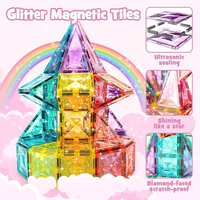 WMXDU Large Pastel Magnetic Tiles: Glitter Diamond Castle Building Set | 48-Piece Glitter Tiles for Girls Ages 3-8, Large Size Safe for Little Hands. Metal Box Stores & Doubles as Base