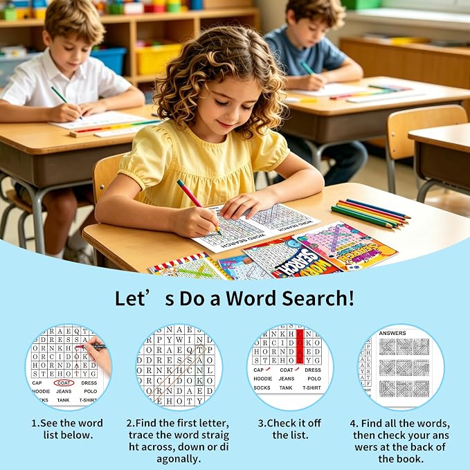 Elfew 20 Pack Bulk Small Word Search Puzzle Books for Kids Ages 4-8 8-10 | Over 2500+ Words, Answer Keys Included, Educational Vocabulary Activity Workbooks, Travel Screen Free Learning Games
