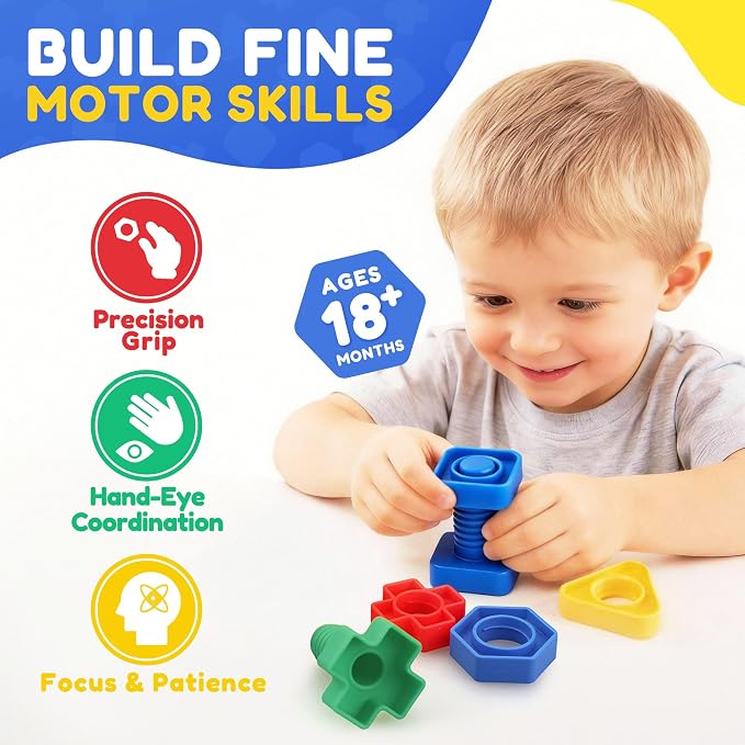 LotFancy Nuts and Bolts, 24pcs Fine Motor Skills Occupational Therapy Toys for Kids, Shapes and Colors Matching Toys, Montessori Building Construction Game with Storage Box for Baby and Toddlers