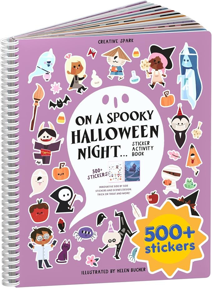 Halloween 500+ Kids Sticker Book by Cupkin Fun Toddler Holiday Activity Coloring and Sticker Book, Road Trip Essentials, 12 Coloring Pages 12 Side by Side Scenes for Ages 2–8 Years | Spiral-bound kids craft format with 12 scenes, 12 art pages, side-by-...