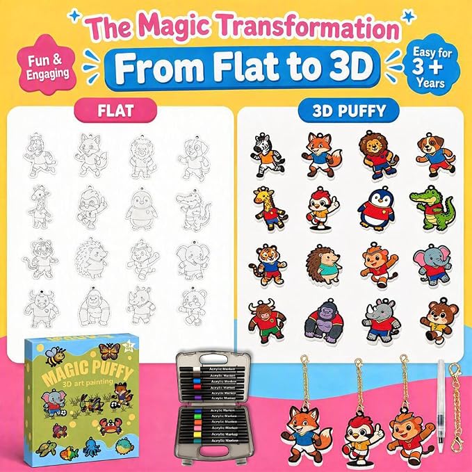 MWOMGLP Magic Foam Texture Painting Kit, 16 Pack DIY Puffy Foam Art Craft Set for Kids, 3D Sensory Painting Paper with Colorful Foam Sheets, Creative Gift for Boys Girls Ages 3+(Animal Fashion)