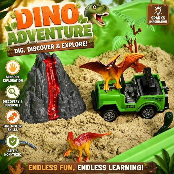 AGENTLAN Dinosaur Sensory Bin with Sensory Sand, Gifts for Boys Ages 3-8 | dinosaur dig sand box with dinosaurs, volcano, and tools, indoor and outdoor activity, toddler dinosaur toys