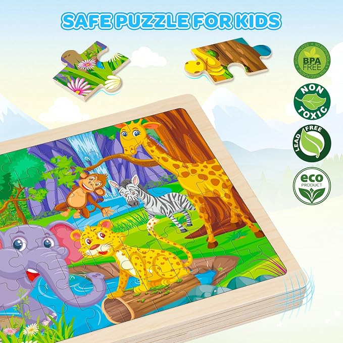 6 Themed Wooden Puzzles for Kids Ages 3-5, 60 Pieces Each | 6 x 60 Piece Puzzles 6-8, Dinosaur, Farm, Jungle Animals, Ocean Life, Solar System, Amusement Park, Kids Birthday Gifts