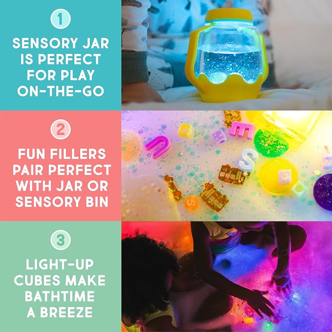 Glo Pals Play Pack Bundle, Jar, Light Up Cubes & Fillers, Glows Red | Sammy Character Water-Activated Bath Toy Cubes Glow Red, Light-Up Sensory Jar, ABC and Number Themed Fun Fillers