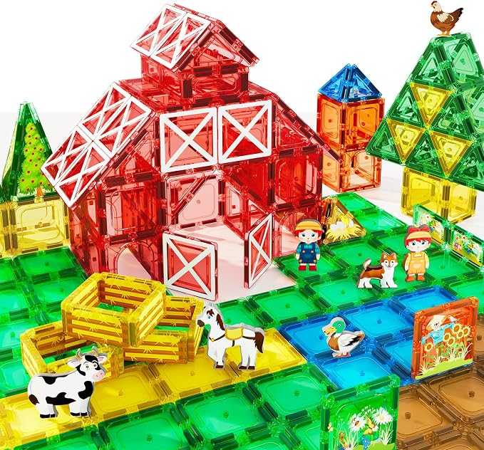 Magnetic Tiles Farm Animals Set, Immersive Storytelling Building Blocks for Toddlers 3-5, 3D Farm House STEM Toys with UV-Printed Realistic Animals, Compatible with All Major Brands