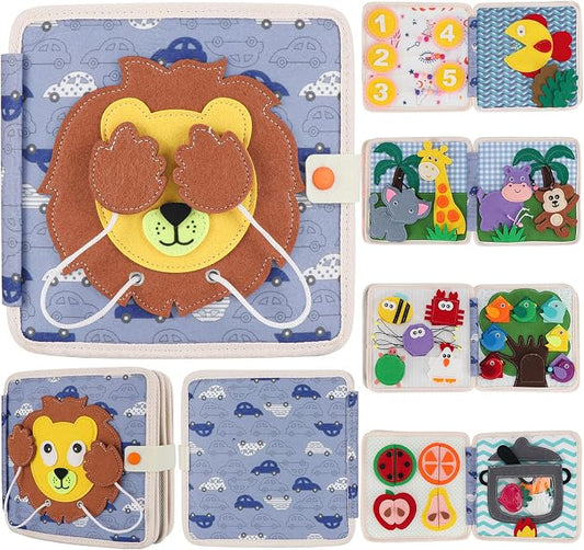 Montessori Busy Board for Toddlers, Soft Activity Book for Fine Motor Skills, Counting, Cognition, Sorting Matching, Travel Toys for Airplane Car, Gift for Girl Boy 2-4 Years Old (Lion)