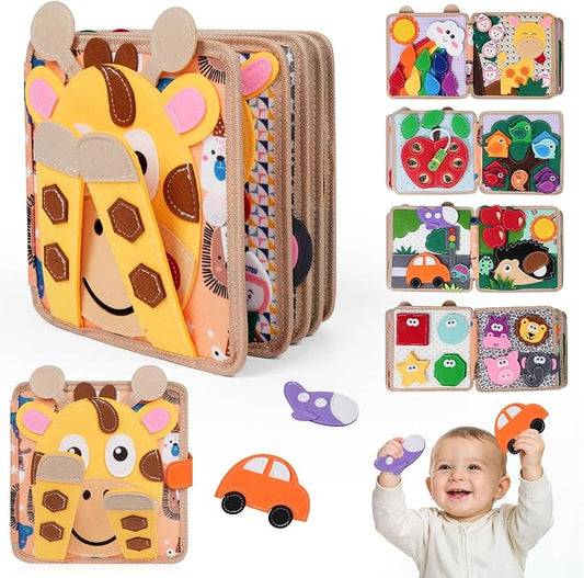 Giraffe Busy Book for Toddlers 1-3, Montessori Toys Toddler Busy Board for 1 Year Old, Felt Quiet Book Sensory Learning Activity Books, Airplane Car Travel Toys, Gifts for Boys Girls 1+