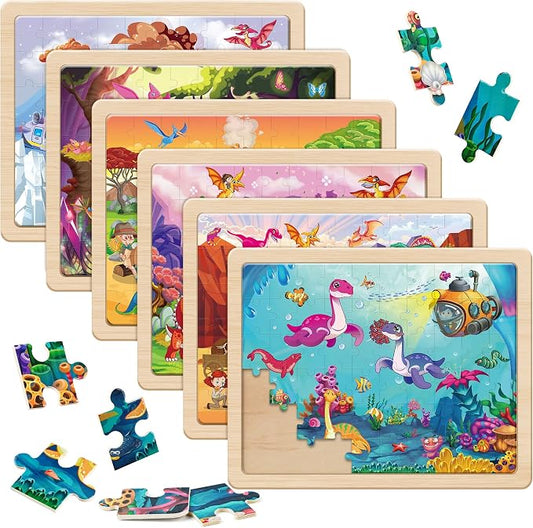 SYNARRY Wooden Dinosaur Puzzles for Kids Ages 4-6, 6 Packs 60 PCs Jigsaw Puzzles Educational Toys Gifts for Children Ages 4-8, Easter Basket Stuffers Gifts Toys for Kids