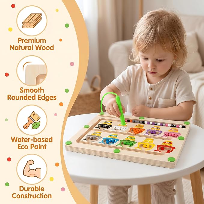Magnetic Color & Number Maze, Montessori Wooden Puzzle Board, Educational Magnet Toy for Toddlers 2 3 4 5 Years Old, Fine Motor Skills Learning Game, Birthday for Boys Girls (ice Cream)