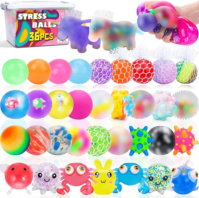 36 Pack Stress Balls, Squishy Balls, Squishy Fidget Stress Relief | Squeeze Ball for Adults Stress Relieve, Prize Box for Friends, Party Favors