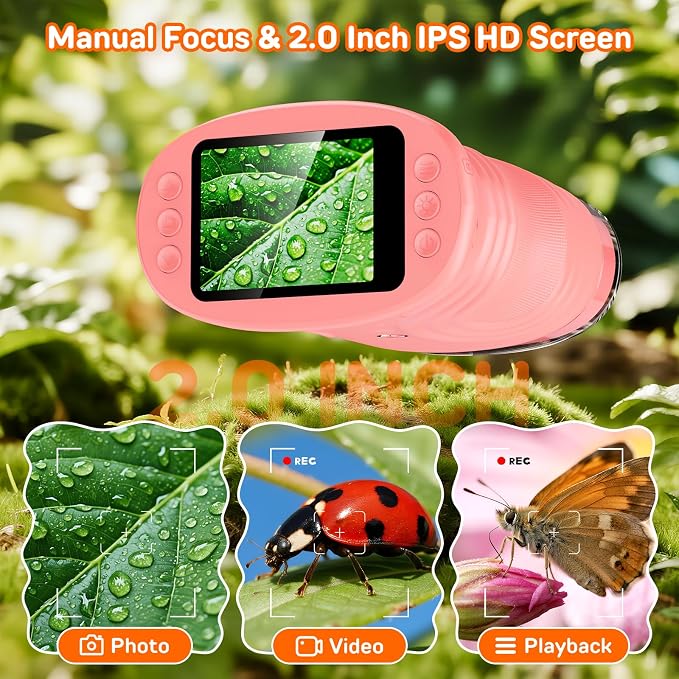 Microscope for Kids with 2.0" IPS Screen Girls Handheld Outdoor Gifts | 1000X Portable STEM Science Lab Toy, Rechargeable Digital Microscope Educational Gift for Girl Age 4-6 8-12, Pink