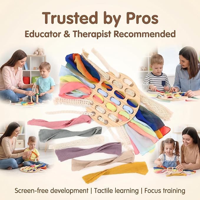Eray Montessori Wooden Lacing Board for Toddlers 3+, Open-Ended Weaving Board with Play Silks, Threading & Lacing Toy, Fine Motor Skills, Loose Parts Play, Preschool Learning Gift