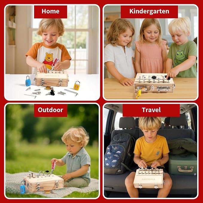 INIFEIDALA Montessori Busy Board Toys for 3 4 5 6 Year Olds | Screwdriver Board Set-Lock and Key Toy,Fine Motor Skills,Wooden Kid Tool Set,Birthday Gift for Boys & Girls,Quiet Travel Toy