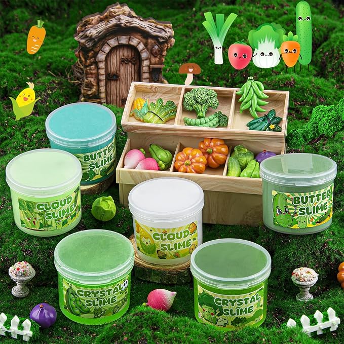 6-Pack Green Slime Kit for Kids, Cloud Butter Clear Crunchy Gift Set | Gradient green sensory slime with add-ins, party favor, goodie bag stuffer, Easter basket filler, ages 4-10