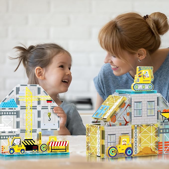 PicassoTiles Magnet Tiles Magnetic Building Blocks with 8 Construction Vehicles Crank Truck Excavator Bulldozer Road Roller Concrete Mixer Tractor Dump Truck Forklift Toys Learning Kids Ages 3+ PTQ11 | 8 trucks, crane, excavator, bulldozer, dump, road ...
