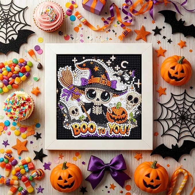 Gemozaic Halloween Diamond Art Kit for Kids Ages 6-8-12 with Frame, 7x7 in | Cute Skeleton Diamond Art for Kids 10 Year Old, DIY Big Gem Arts and Crafts for Boys and Girls Birthday Gift, Home Wall Decor