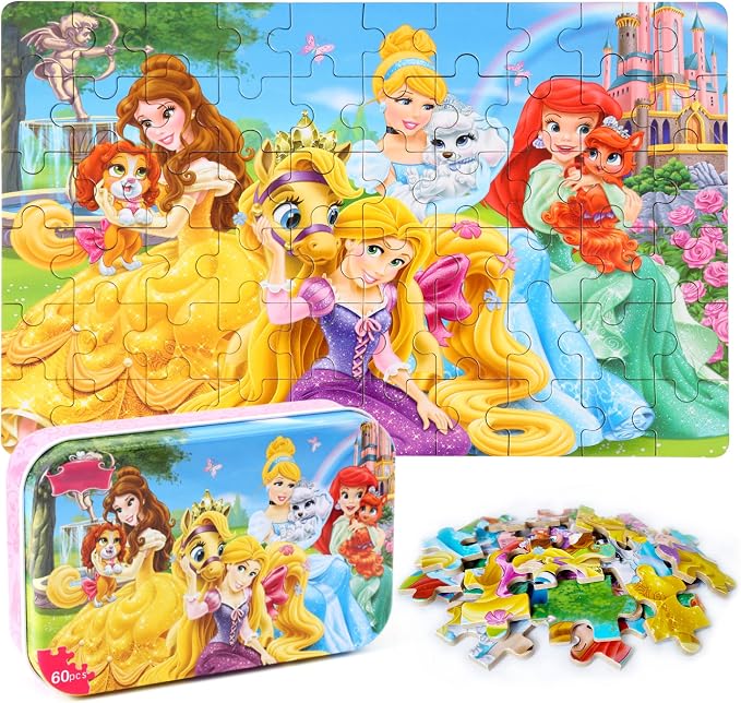 MZZOTOY Princess Puzzles for Kids Ages 4-8, 60 Pieces for Kids Ages 3-5 Princess Puzzle for Girls and Boys Toys Jigsaw Puzzles in a Metal Box Educational Puzzles (Princess)
