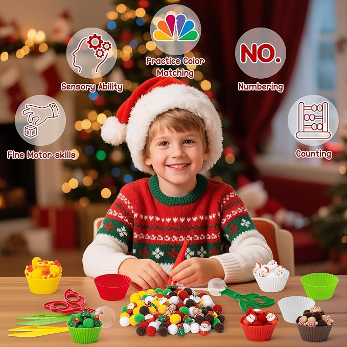 Christmas Sensory Bin Fillers, 266Pcs Fine Motor Toy Set | Counting Sorting Toys, Preschool Education Activities, Christmas Gift for Kids, Plastic Bead with Santa Claus Cup Clip