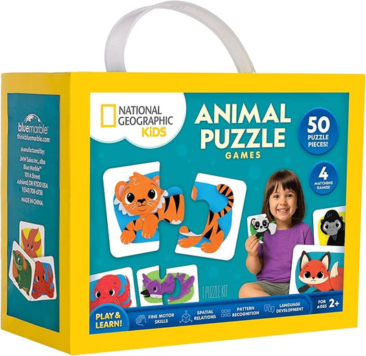 National Geographic Kids Animal Matching 2 Piece Puzzle Games for Toddlers | 50 Matching Puzzle Cards, 4 Educational Games, Portable Early Learning Set, Animal Matching, Play & Learn Booklet