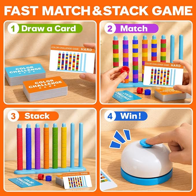 Color Challenge Game – 2 Pack Color Matching Game for Family Game Night and Parties, Board Games for Kids 6-8-12 & Adults, Stacking Game with 2 Stack Racks, 100 Cards, 120 Rings, Bell, Storage Bag‌