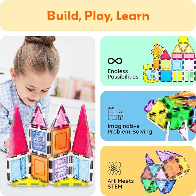 PicassoTiles Magnetic Tiles Magnet Toys Building Blocks Construction Set with 110+ Pages IdeaBook STEM Learning Playset Toddlers Educational Fun Play Kids Boys Girls Sensory Toys Ages 3+ PT03