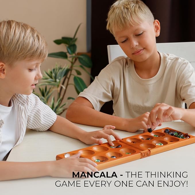 Mancala Board Game for Kids and Adults – Wooden Folding Mancala Set with Magnetic Lock and 56 Stones – Classic Strategy Board Game Travel Size