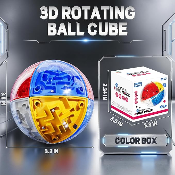 3D Maze Cube Ball Puzzle Brain Teaser for Adults & Kids, Educational Learning Toys Logical Thinking, Family Board Games Tabletop, Durable Puzzle Cube (White&Blue&Red&Yelllow-D, 3.3x3.3x3.3)