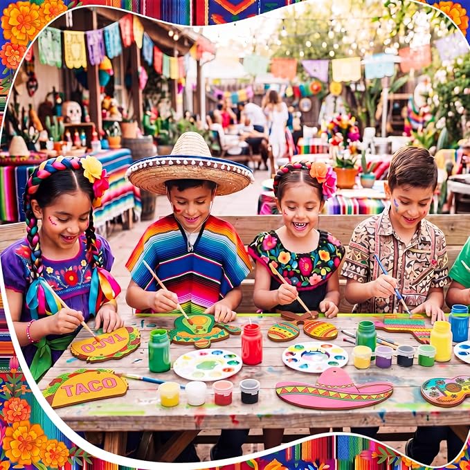Saypacck 24 Pcs Mexican Taco Party Favors Wooden Paint Craft Kits | Mexican Taco Theme Painting Crafts, Fairy Princess Unicorn Party Supplies, Organza Bags Included for Goodie Bag Fillers