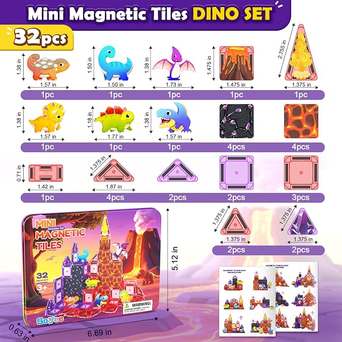 Mini Magnetic Tiles Kids Dinosaur Toys, Magnetic Blocks with 6 Dinosaurs | Road Trip Essentials for Car & Airplane Magnet Tiles STEM Construction Building Toys, Gifts & Toys for Boys Girls Ages 3-12