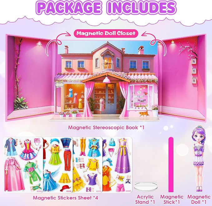 Magnetic Dress Up Dolls for Girls - Princess Magnet Paper Dolls Book with 3D City Buildings - Travel Car Trip Quiet Book Game Toys Easter Birthday Gifts for Kids Toddlers Ages 3 4 5 6 7(Style B)