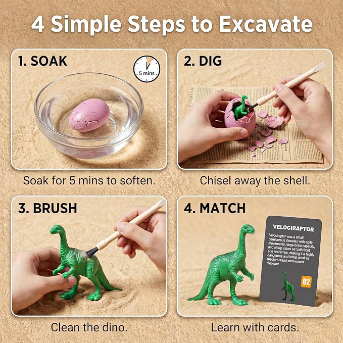 24 Pack Colorful Dinosaur Eggs, Excavation Kit with Learning Cards | STEM Science Toy for Kids, Easter Basket Stuffers, Party Favors, Birthday Gifts Classroom Activities for Boys Girls Age 3+