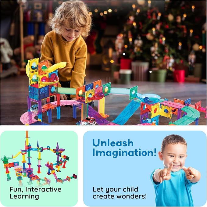PicassoTiles 108 Piece Marble Run Race Track Set with LED Cars STEM Ages 3+ | 2 Light-Up Vehicles, 4 Magnetic Marbles, BPA-Free, Expandable Collection, Fine Motor Skills,Problem-Solving Screen-Free Toy