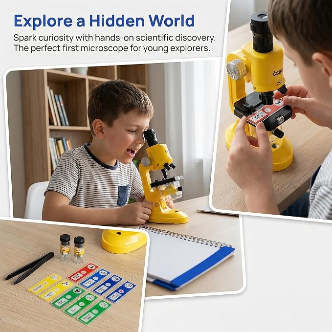 Little World Kids Microscope with LED Light - 100X/400X/1200X Magnification | Beginner science kit, includes prepared 12 slides, monocular view, educational STEM gift for ages 5-12, Yellow