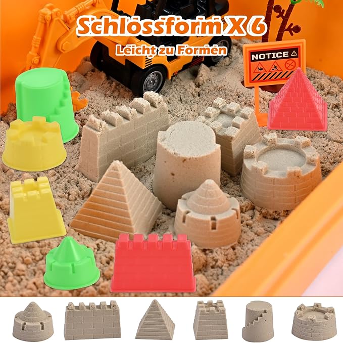 Faburo 34Pcs Sand Construction Site Kit Sensory Bin Toy for Toddler | 8 Vehicles, 6 Castle Molds, 5 Road Signs, 4 Worker Figures, 2.2lbs Sand, Sand Toy Birthday Gift for Kids Boy Age 3 4 5