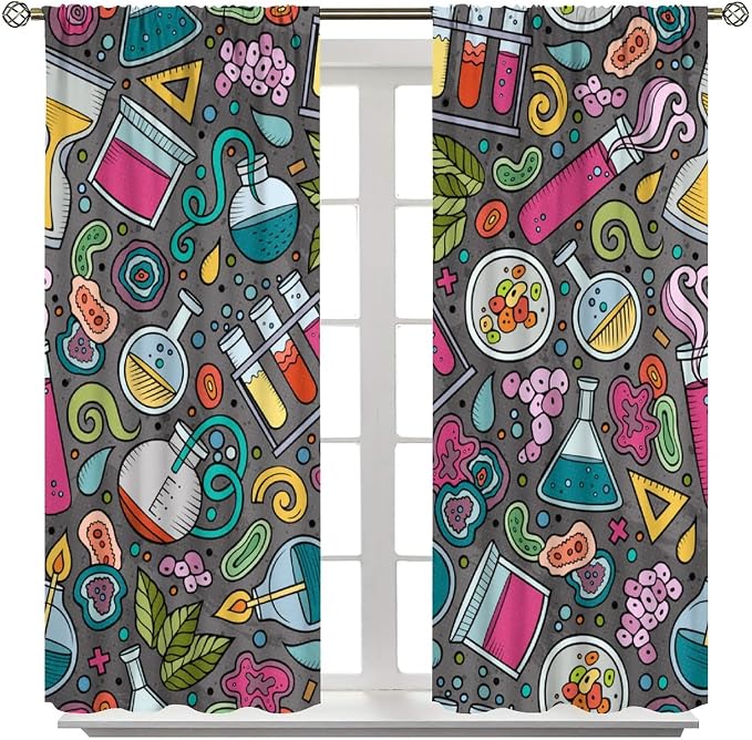 Science Physics Curtains, Abstract Math Chemistry Curtain Scientist Graffiti Print Window Treatments for Kids Teens Bedroom Living Room Set 2 Panels,42x45 Inches, Style-3