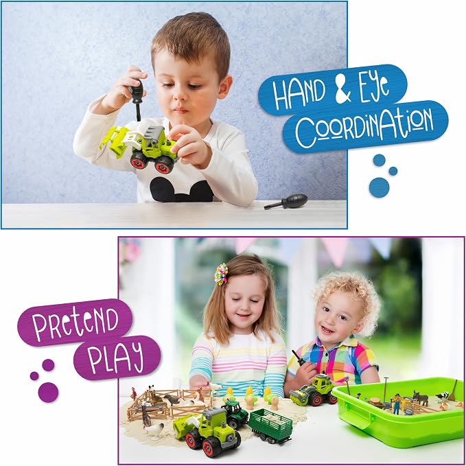 59 PCS Farm Sensory Bin - Sandbox with Lid, 2.2 LB Sensory Sand Kit for Boys, Toddler Farm Toys, 3 Take Apart Construction Trucks -Sensory Toys for Kids 5-7, 3-4 & Up- Kids Gifts for Boys and Girls