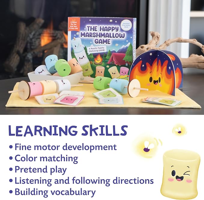 Peaceable Kingdom Happy Marshmallow Toddler Game | A fast, replayable board game. Includes 2 marshmallow roasting sticks and 12 marshmallows. Ages 2+.